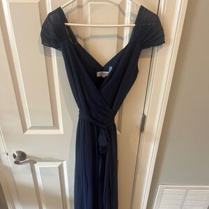 Floor length navy wrap gown